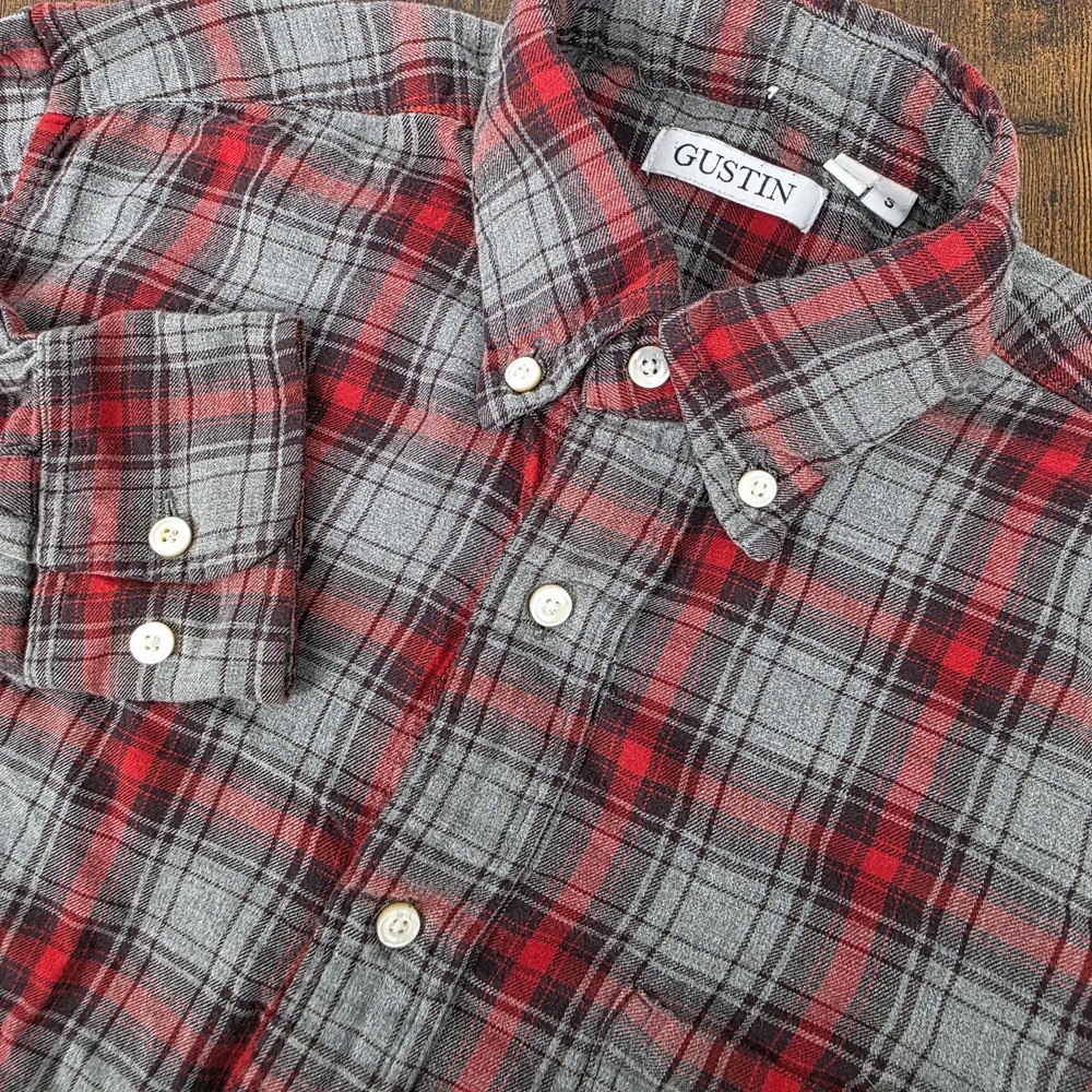 Gustin Long Sleeve Button Down Gray Red Plaid Lightweight Twill‎ Flannel Men's S